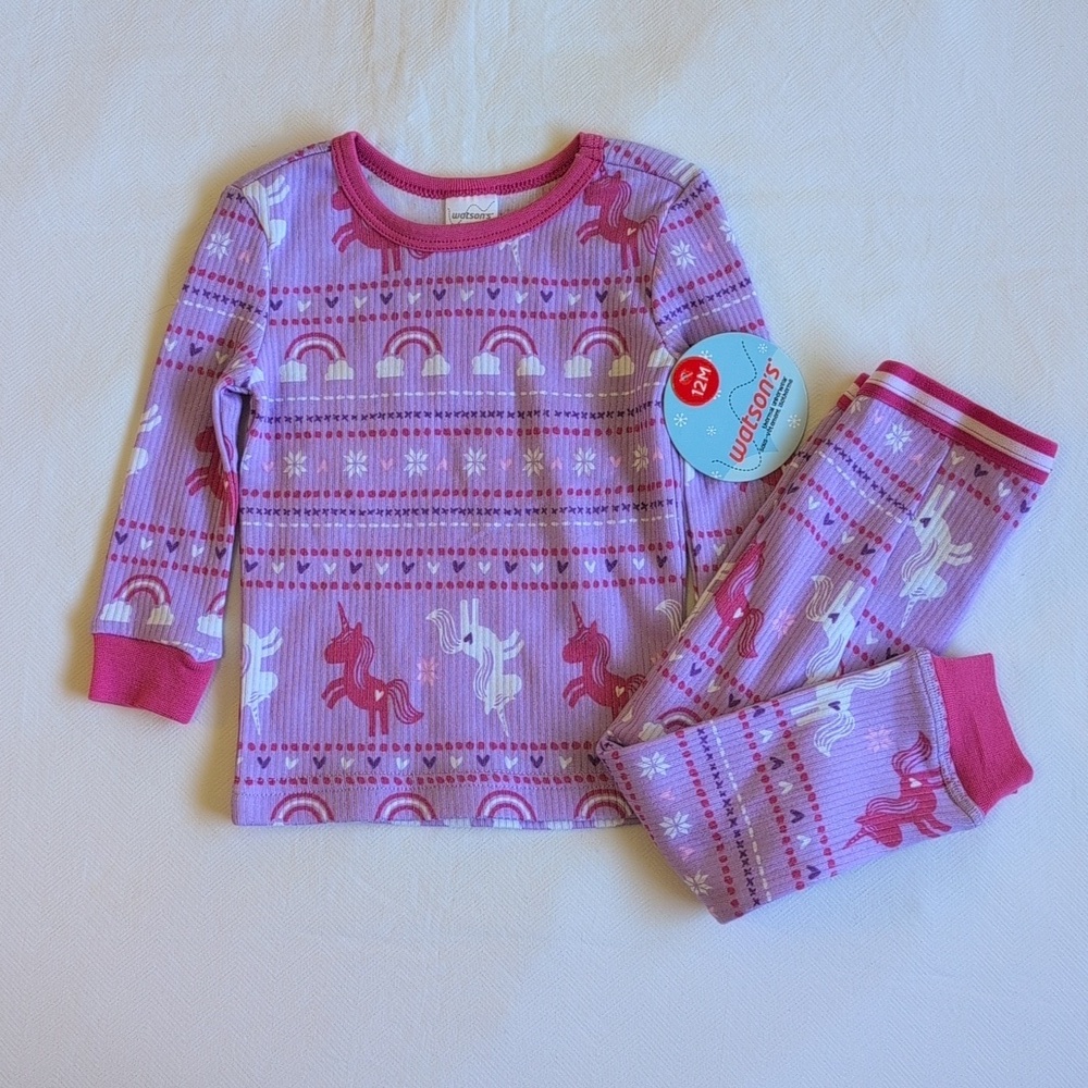 NEW watson's lilac fair isle unicorn thermal ribbed matching set 12 months baby